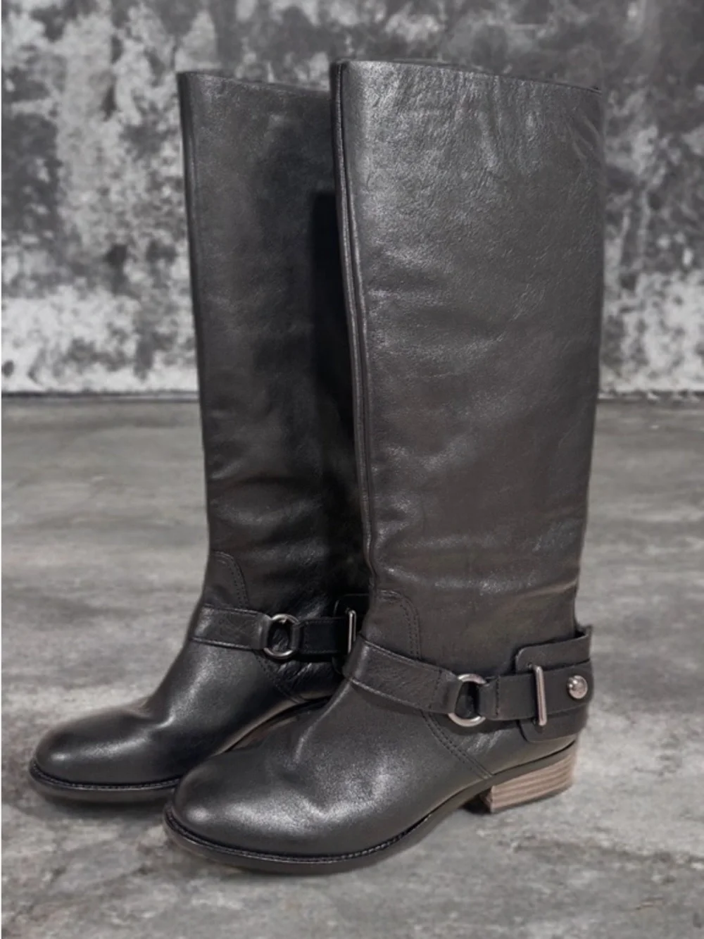 Coach Natale Black Leather Knee-High Equestrian Riding Boots Buckle Strap 7.5